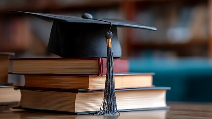 Aufkleber - A close, up of a graduation cap resting on a stack of books, symbolizing academic achievement and educational success