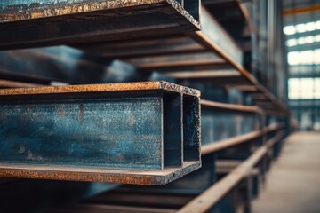 Poster - Close-up of weathered steel beams in a warehouse, showcasing industrial textures and shadows.