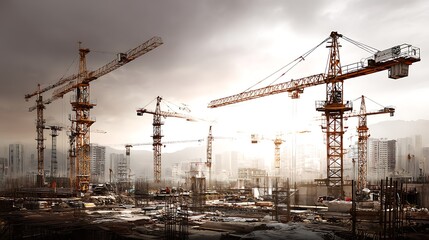 Poster - A construction site bustling with activity, cranes towering overhead, symbolizing progress and development