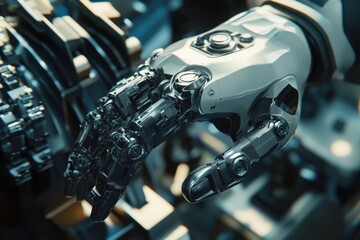 Poster - A futuristic robotic hand reaching out, showcasing intricate metallic details and advanced technology.