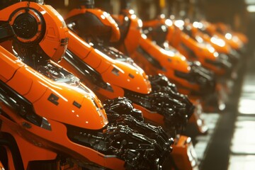 Poster - Row of futuristic orange robotic arms ready for assembly tasks in a high-tech environment.