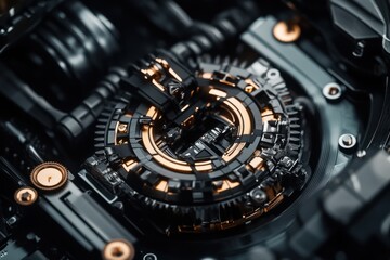 Poster - Close-up of a complex mechanical component featuring intricate black and gold details.