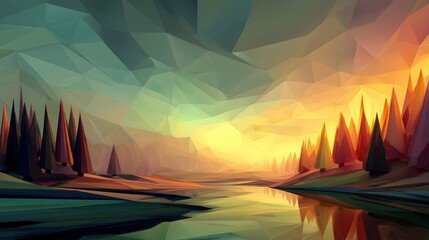 Poster - Low Poly Landscape Featuring Soft Lighting and a Gradient Sky Over a Tranquil River in a Serene Setting During Early Morning Light