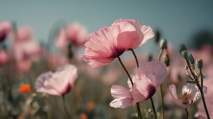Poster - A field of pink poppies and wildflower isolated