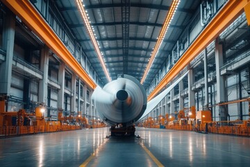 Poster - Large, industrial wind turbine component inside a vibrant manufacturing facility.