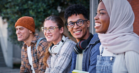 Poster - University, students and relax outdoor on campus with college talk, conversation and happy for education. Friends, smile and people with learning, support and study group for scholarship or knowledge