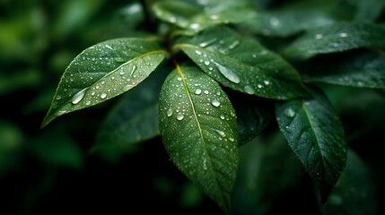 Aufkleber - A group of green leaves with droplets of water on them, green background