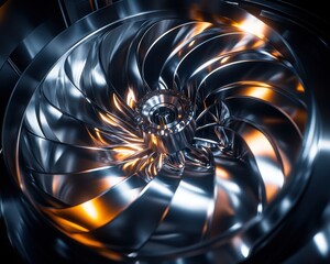 Poster - Close-up of a sleek, metallic turbine with reflective surfaces and glowing accents, conveying advanced technology.