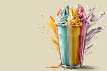 Poster - Colorful Milkshake Glass With Vibrant Whipped Topping Presented in a Minimal Poster Style on a Soft Background