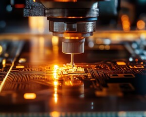 Poster - Close-up of a precision machine working on a circuit board, showcasing intricate details and glowing lights.