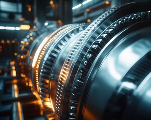 Poster - Close-up of sleek, metallic turbine components with glowing accents in a futuristic industrial setting.