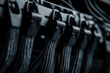 Poster - Close-up of sleek black cables and connectors showcasing modern technology in a dark, industrial setting.