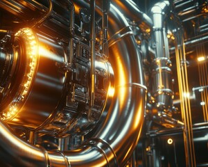 Poster - Shiny metallic pipes and gears with glowing accents create a futuristic industrial atmosphere.