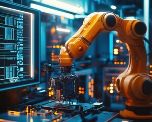 Aufkleber - An orange robotic arm assembling a computer circuit board in a futuristic lab setting.