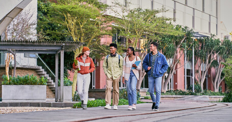 Poster - Group, students and walking with people, smile and backpacks for outdoor on campus or university. Friends, happy and talking for education, development and scholarship for learning, college or school