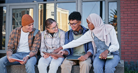 Poster - Students, books and outdoor on campus for conversation, talking and share knowledge on module. People, friends and outside for group project discussion, textbook and together for university gossip