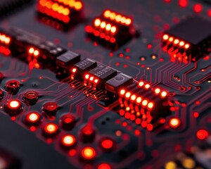 Poster - Close-up of a circuit board with glowing red lights, showcasing intricate electronic components.