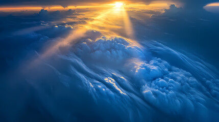 Wall Mural - Intense light beam pierces swirling clouds in stunning aerial view image. Heavenbud Glow. Illustration