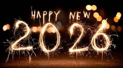Poster - Happy new year 2026, written in glowing letters with sparklers illuminating a festive night scene
