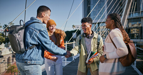 Poster - Education, handshake and group of friends, outdoor and greeting to classmate, campus and laughing. Bonding, holding hands and agreement for studying, books and students with smile, people and college