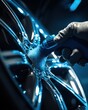 © Espresso - Close-up of a hand cleaning a car wheel with foam, showcasing shiny metallic spokes in dramatic blue lighting.