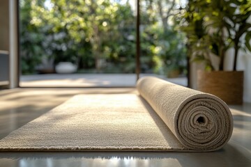 Poster - A rolled-up beige rug lies on a polished floor, surrounded by lush greenery and natural light.