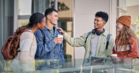 Poster - Group, friends and students talking on campus for education, social project and walking to classroom. Happy, people and communication at university for learning, study and bonding together in morning