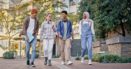 Poster - Friends, university and outdoor on campus for conversation, talking and share knowledge on module. People, students and outside for walking to class lecture, study and together for college gossip