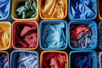 Poster - Colorful baskets filled with neatly organized fabrics in various hues create a vibrant visual display.