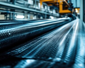 Poster - Close-up of sleek carbon fiber material on a production line, highlighting its modern industrial setting.