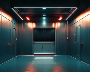 Poster - Mysterious interior of a dimly lit industrial space with sleek walls and glowing lights.