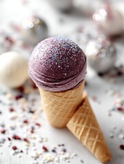 Aufkleber - Delicious Gelato Ball in a Waffle Cone With Sparkles Viewed From the Top Against a White Background