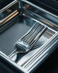 Poster - A shiny metal fork resting in a sleek stainless steel container, reflecting light elegantly.