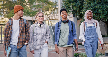 Poster - Students, speaking and walking to university lesson, talking and share knowledge on module. People, friends and outside for group project discussion, study and together for trip to college class