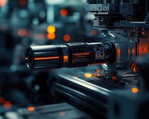 Poster - Close-up of a futuristic industrial robotic arm with glowing orange accents.