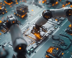 Poster - A robotic arm meticulously assembling circuitry on a circuit board, showcasing advanced technology and precision.