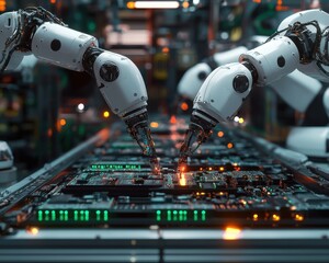Poster - Two robotic arms working together on a circuit board assembly in a high-tech manufacturing facility.
