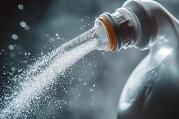 Poster - Close-up of a spray bottle releasing mist, showcasing fine droplets in a dramatic, misty atmosphere.