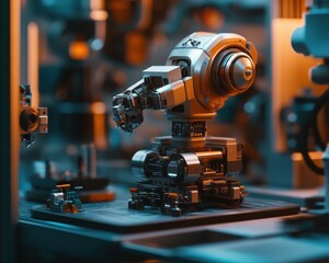 Poster - Detailed robotic arm in a futuristic workshop, showcasing advanced technology and precision engineering.