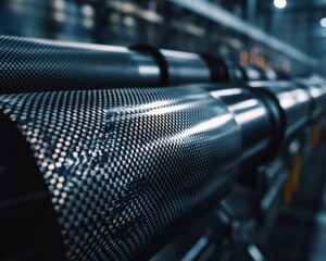 Poster - Close-up of sleek carbon fiber tubes in an industrial setting, showcasing modern manufacturing design.