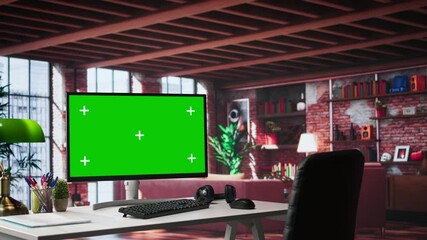 Fototapete - refined office setup in classy loft with green screen monitor for mockups use. chic interior design 