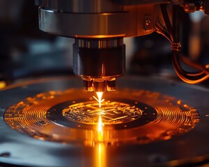 Poster - Precision laser engraving of a microchip on a metallic surface, highlighting intricate circuitry details.