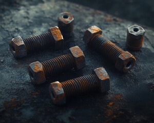 Poster - Close-up of rusted bolts and nuts on a weathered surface, showcasing industrial textures and colors.