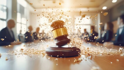 Gavel exploding amidst a business meeting
