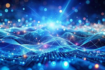 Fototapete - Abstract Digital Wave: Blue Particle Flow Cyberspace Background