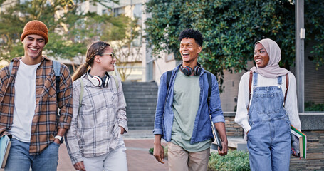 Poster - Students, group and walking to university class, talking and share knowledge on module. People, friends and outside for social project discussion, speaking and together for trip to college class
