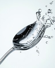 Poster - A close-up of a silver spoon splashing water against a light background, capturing a moment of dynamic motion.