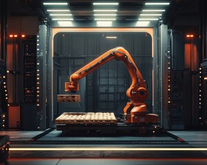 Poster - Industrial orange robotic arm in a high-tech warehouse setting, expertly handling a wooden pallet.