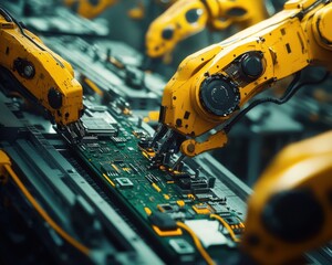 Poster - Close-up of advanced robotic arms assembling a circuit board in a modern factory with vibrant yellow accents.