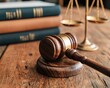 © Somkid - A wooden gavel, law books, and scales of justice sit on a rustic desk, symbolizing law and justice.